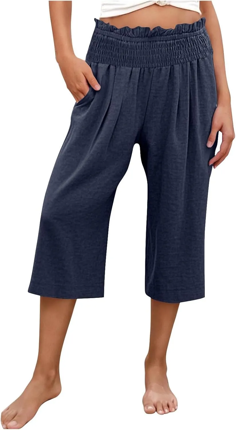 High Waisted Palazzo Pants for Women Wide Leg Linen Capri Pant Casual Summer Beach Cropped Trousers with Pockets