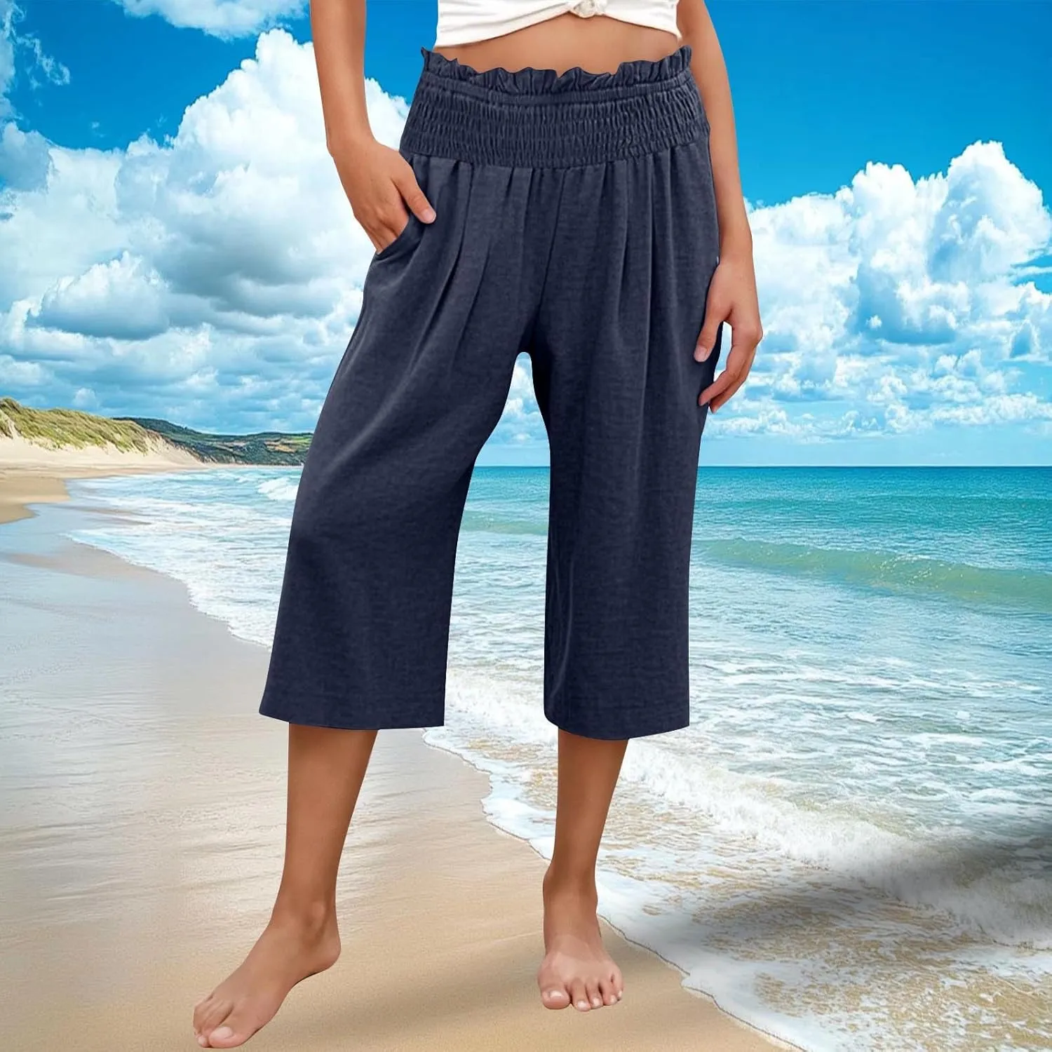 High Waisted Palazzo Pants for Women Wide Leg Linen Capri Pant Casual Summer Beach Cropped Trousers with Pockets