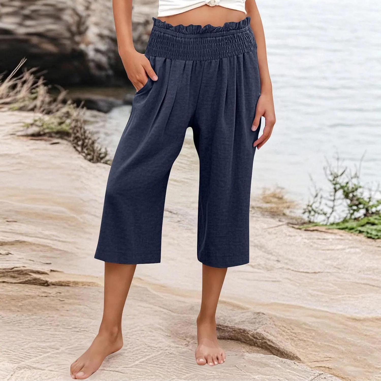 High Waisted Palazzo Pants for Women Wide Leg Linen Capri Pant Casual Summer Beach Cropped Trousers with Pockets