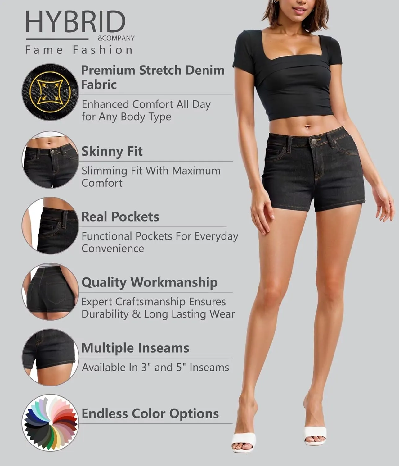 Hybrid & Company Womens Mid Rise Denim Stretchy Jean Shorts with Pockets