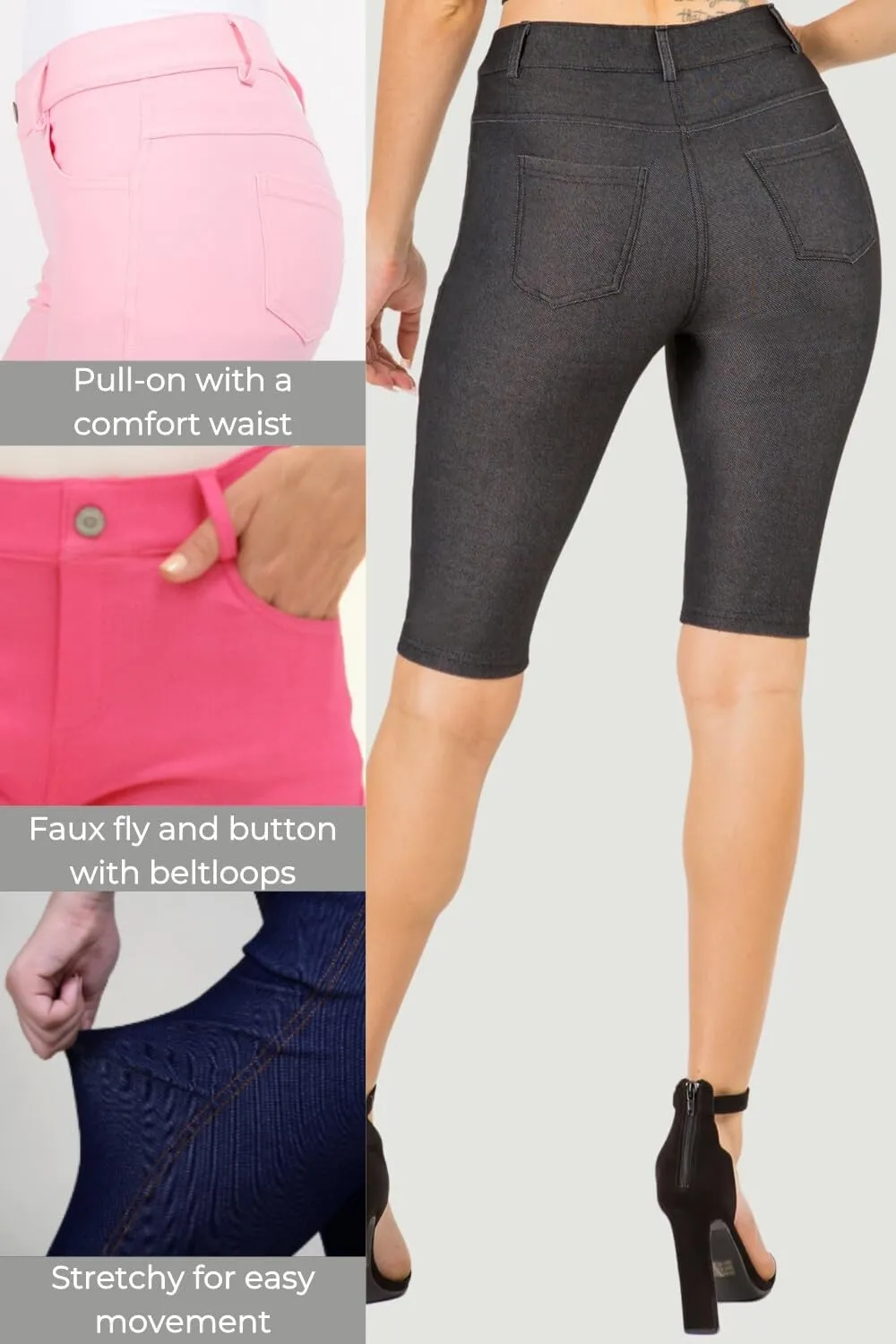 ICONOFLASH Women's Cotton 5 Pocket Bermuda Shorts No Muffin Top Pull On Knee Length Jeggings Stretchy Jean Leggings