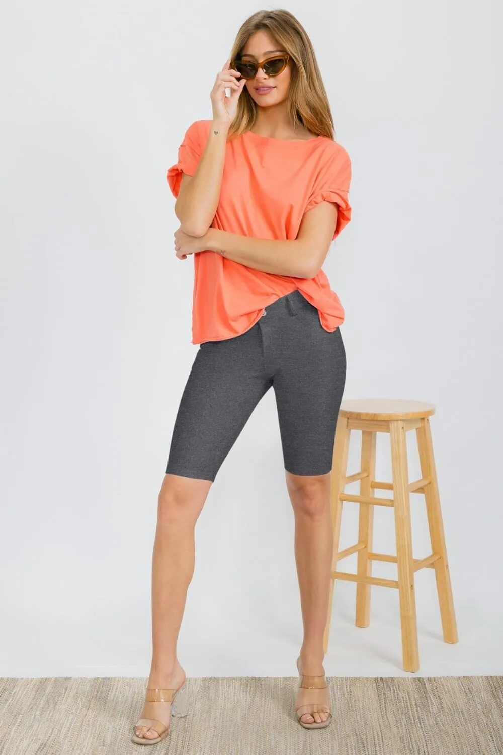 ICONOFLASH Women's Cotton 5 Pocket Bermuda Shorts No Muffin Top Pull On Knee Length Jeggings Stretchy Jean Leggings