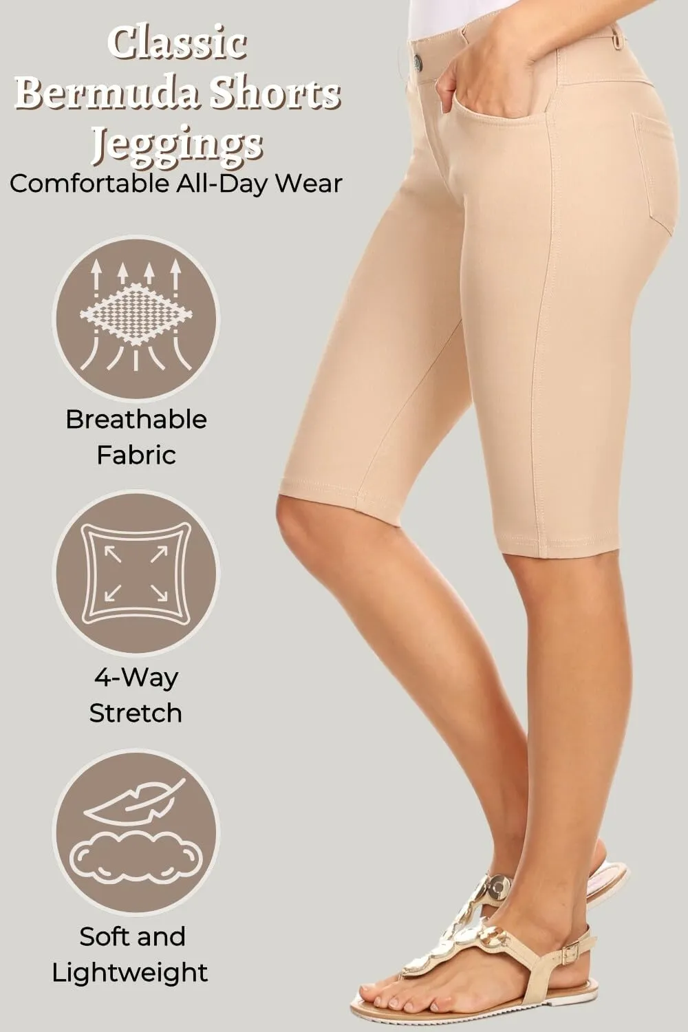 ICONOFLASH Women's Cotton 5 Pocket Bermuda Shorts No Muffin Top Pull On Knee Length Jeggings Stretchy Jean Leggings