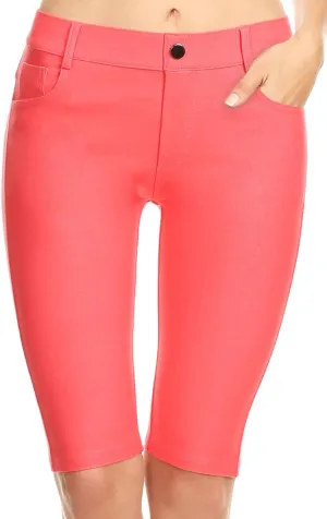 ICONOFLASH Women's Cotton 5 Pocket Bermuda Shorts No Muffin Top Pull On Knee Length Jeggings Stretchy Jean Leggings