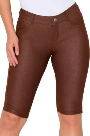 ICONOFLASH Women's Cotton 5 Pocket Bermuda Shorts No Muffin Top Pull On Knee Length Jeggings Stretchy Jean Leggings