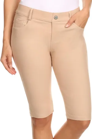 ICONOFLASH Women's Cotton 5 Pocket Bermuda Shorts No Muffin Top Pull On Knee Length Jeggings Stretchy Jean Leggings