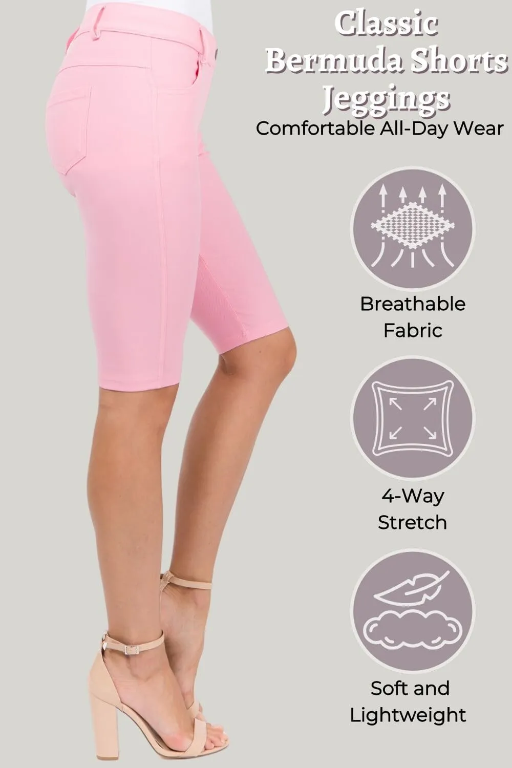 ICONOFLASH Women's Cotton 5 Pocket Bermuda Shorts No Muffin Top Pull On Knee Length Jeggings Stretchy Jean Leggings