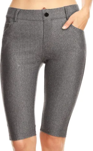 ICONOFLASH Women's Cotton 5 Pocket Bermuda Shorts No Muffin Top Pull On Knee Length Jeggings Stretchy Jean Leggings