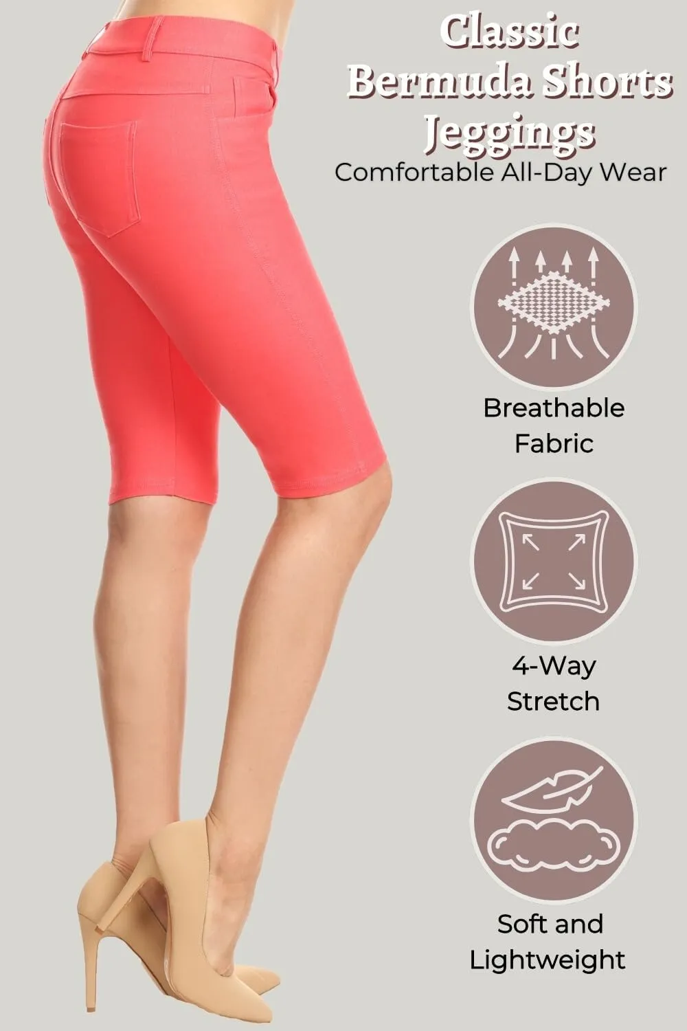 ICONOFLASH Women's Cotton 5 Pocket Bermuda Shorts No Muffin Top Pull On Knee Length Jeggings Stretchy Jean Leggings
