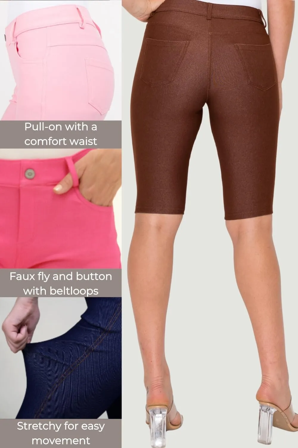 ICONOFLASH Women's Cotton 5 Pocket Bermuda Shorts No Muffin Top Pull On Knee Length Jeggings Stretchy Jean Leggings