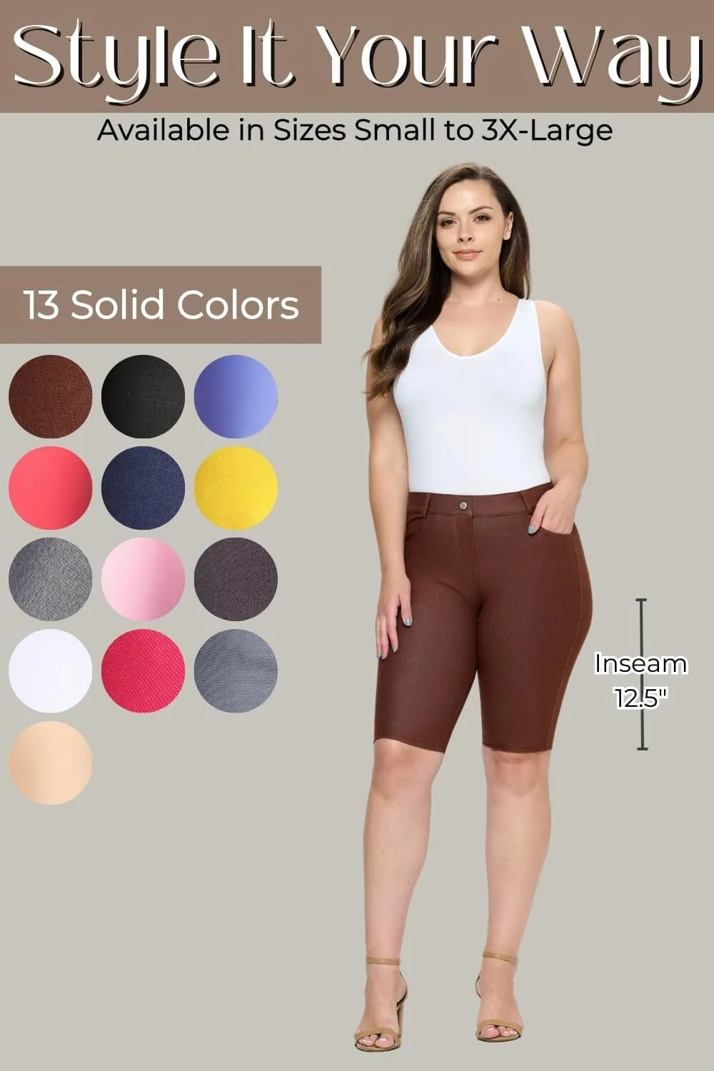 ICONOFLASH Women's Cotton 5 Pocket Bermuda Shorts No Muffin Top Pull On Knee Length Jeggings Stretchy Jean Leggings