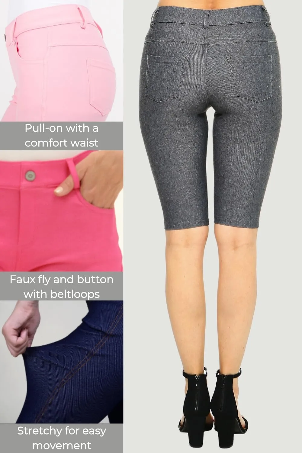 ICONOFLASH Women's Cotton 5 Pocket Bermuda Shorts No Muffin Top Pull On Knee Length Jeggings Stretchy Jean Leggings