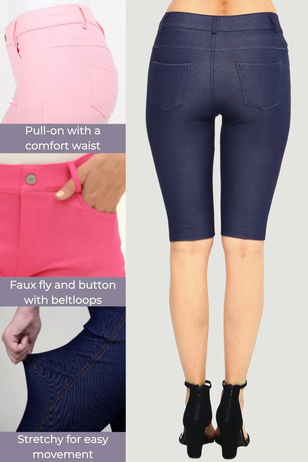 ICONOFLASH Women's Cotton 5 Pocket Bermuda Shorts No Muffin Top Pull On Knee Length Jeggings Stretchy Jean Leggings