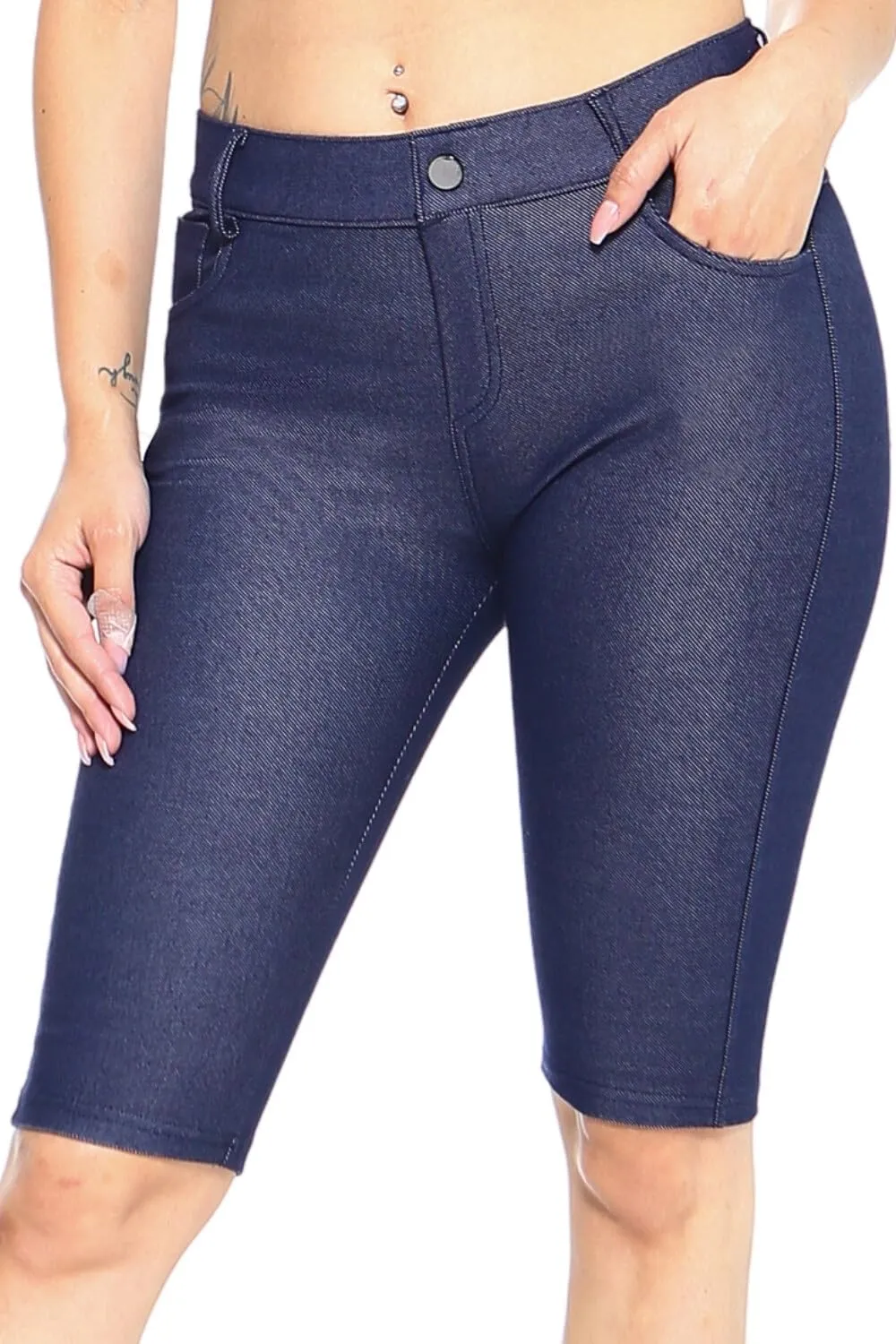 ICONOFLASH Women's Cotton 5 Pocket Bermuda Shorts No Muffin Top Pull On Knee Length Jeggings Stretchy Jean Leggings