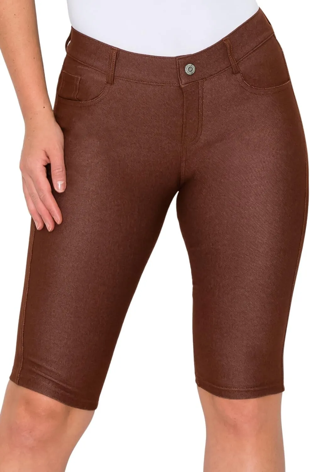 ICONOFLASH Women's Cotton 5 Pocket Bermuda Shorts No Muffin Top Pull On Knee Length Jeggings Stretchy Jean Leggings