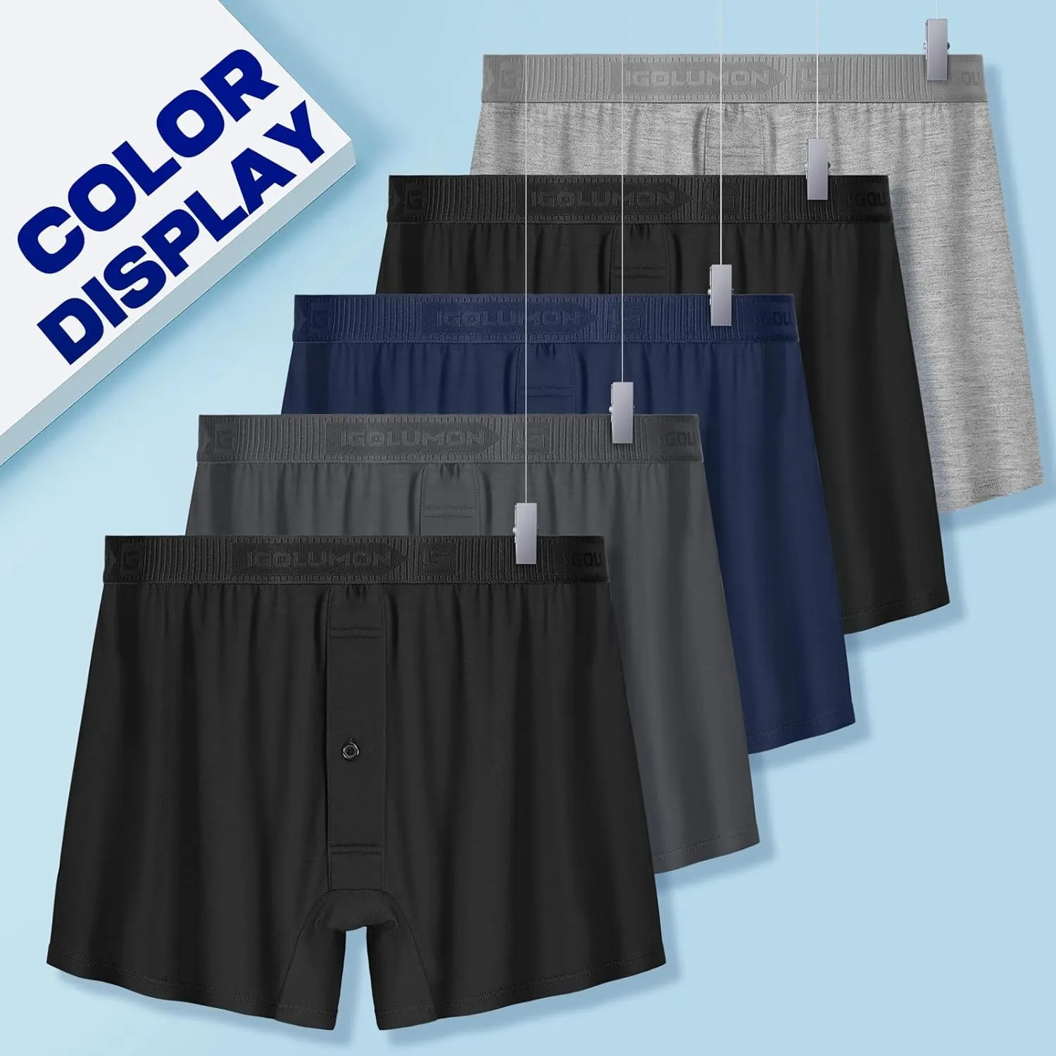 IGOLUMON Mens Underwear Boxer Shorts 5 Pack Bamboo Rayon Boxers for Men Classic Relaxed Fit Boxer Shorts with Button Fly