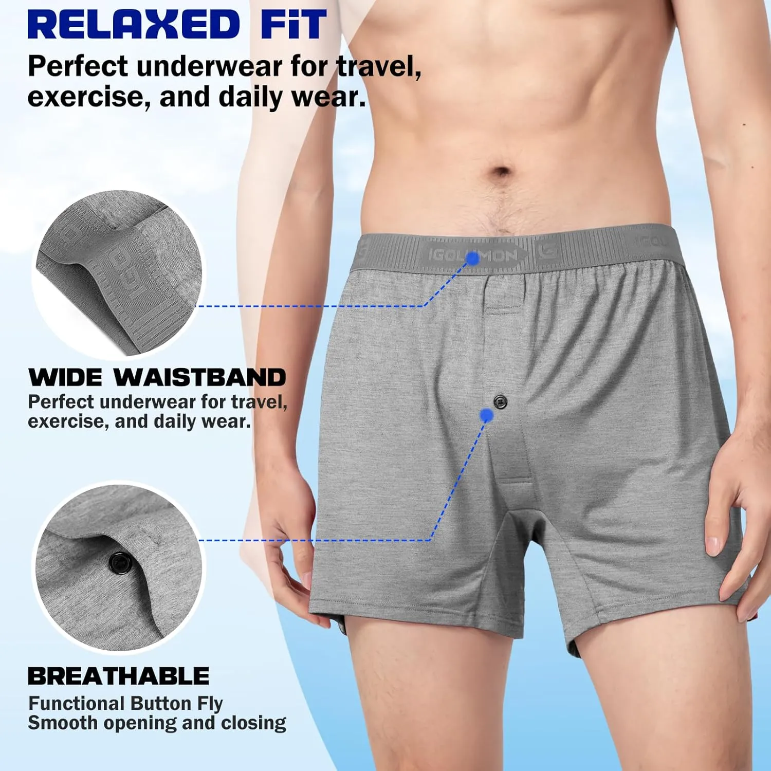IGOLUMON Mens Underwear Boxer Shorts 5 Pack Bamboo Rayon Boxers for Men Classic Relaxed Fit Boxer Shorts with Button Fly
