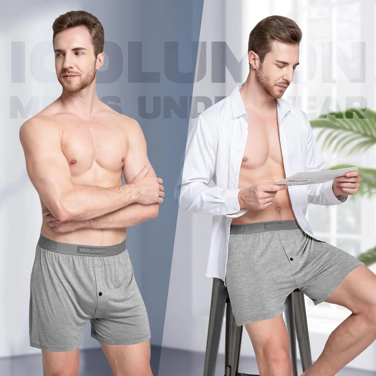 IGOLUMON Mens Underwear Boxer Shorts 5 Pack Bamboo Rayon Boxers for Men Classic Relaxed Fit Boxer Shorts with Button Fly