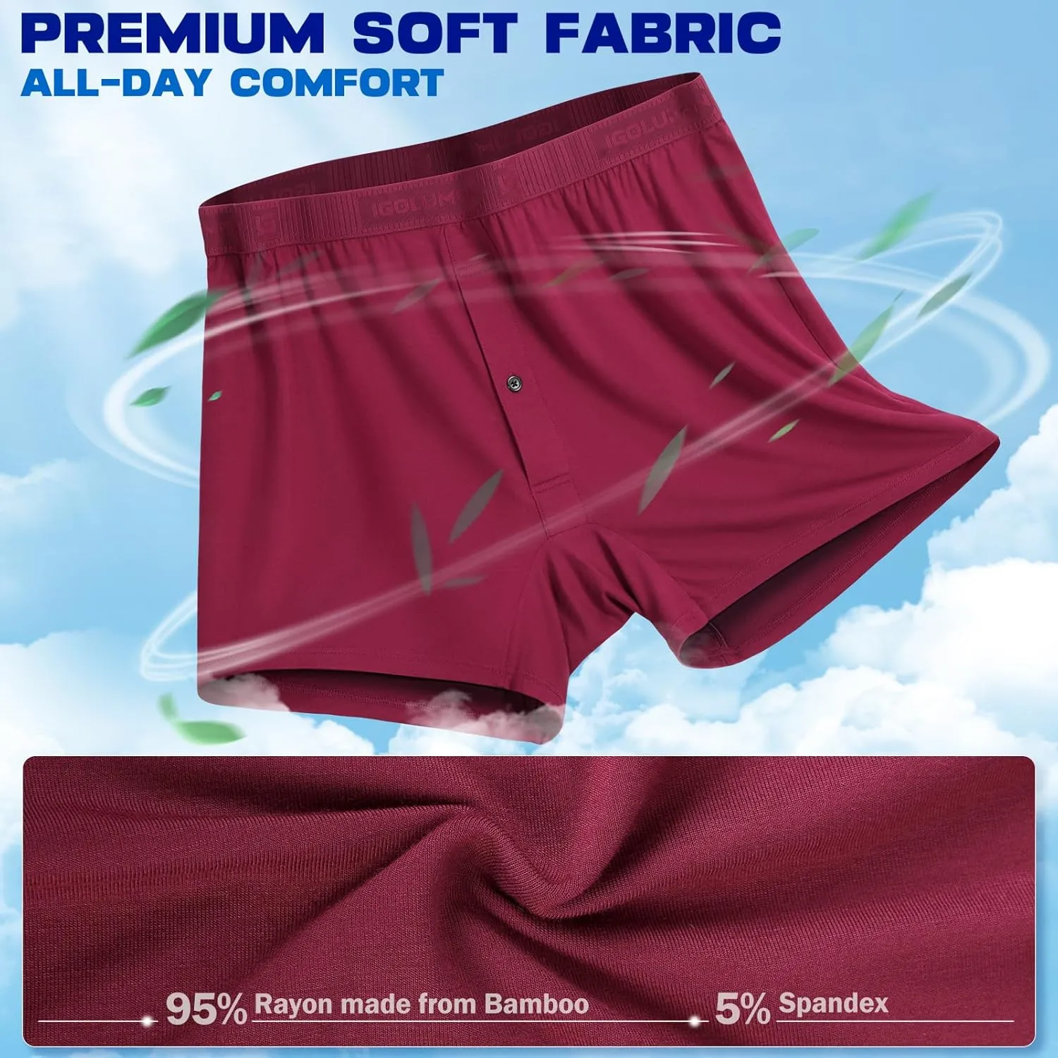 IGOLUMON Mens Underwear Boxer Shorts 5 Pack Bamboo Rayon Boxers for Men Classic Relaxed Fit Boxer Shorts with Button Fly