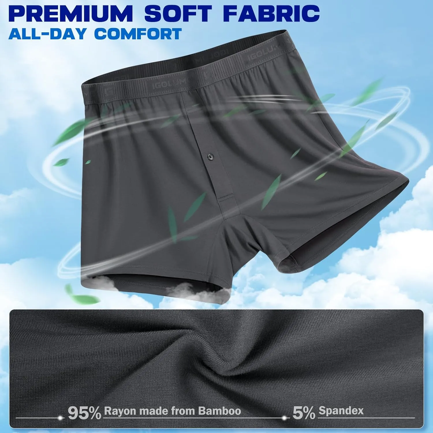 IGOLUMON Mens Underwear Boxer Shorts 5 Pack Bamboo Rayon Boxers for Men Classic Relaxed Fit Boxer Shorts with Button Fly