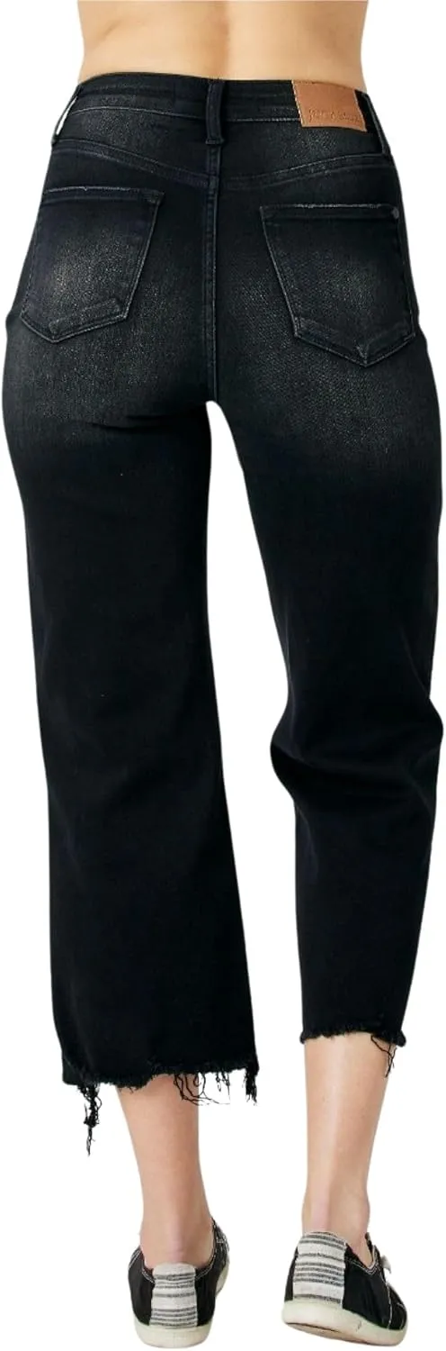 Judy Blue High Waist Distressed Raw Hem Wide Leg Crop Jeans, Black