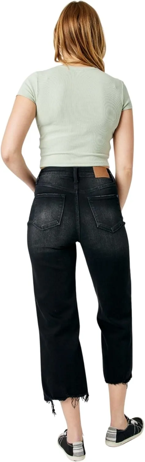 Judy Blue High Waist Distressed Raw Hem Wide Leg Crop Jeans, Black