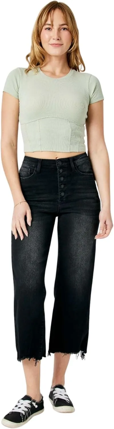 Judy Blue High Waist Distressed Raw Hem Wide Leg Crop Jeans, Black