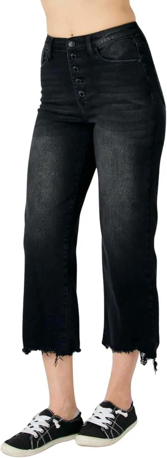 Judy Blue High Waist Distressed Raw Hem Wide Leg Crop Jeans, Black