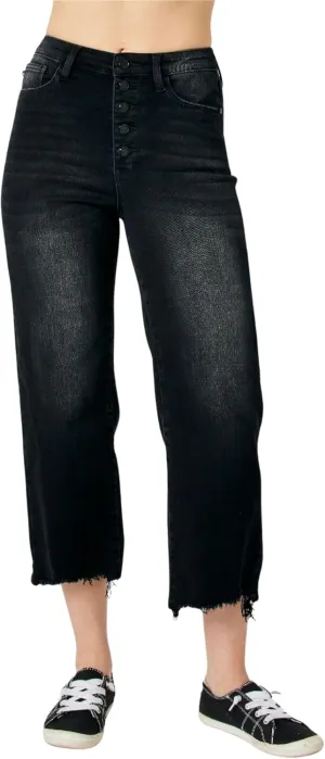 Judy Blue High Waist Distressed Raw Hem Wide Leg Crop Jeans, Black