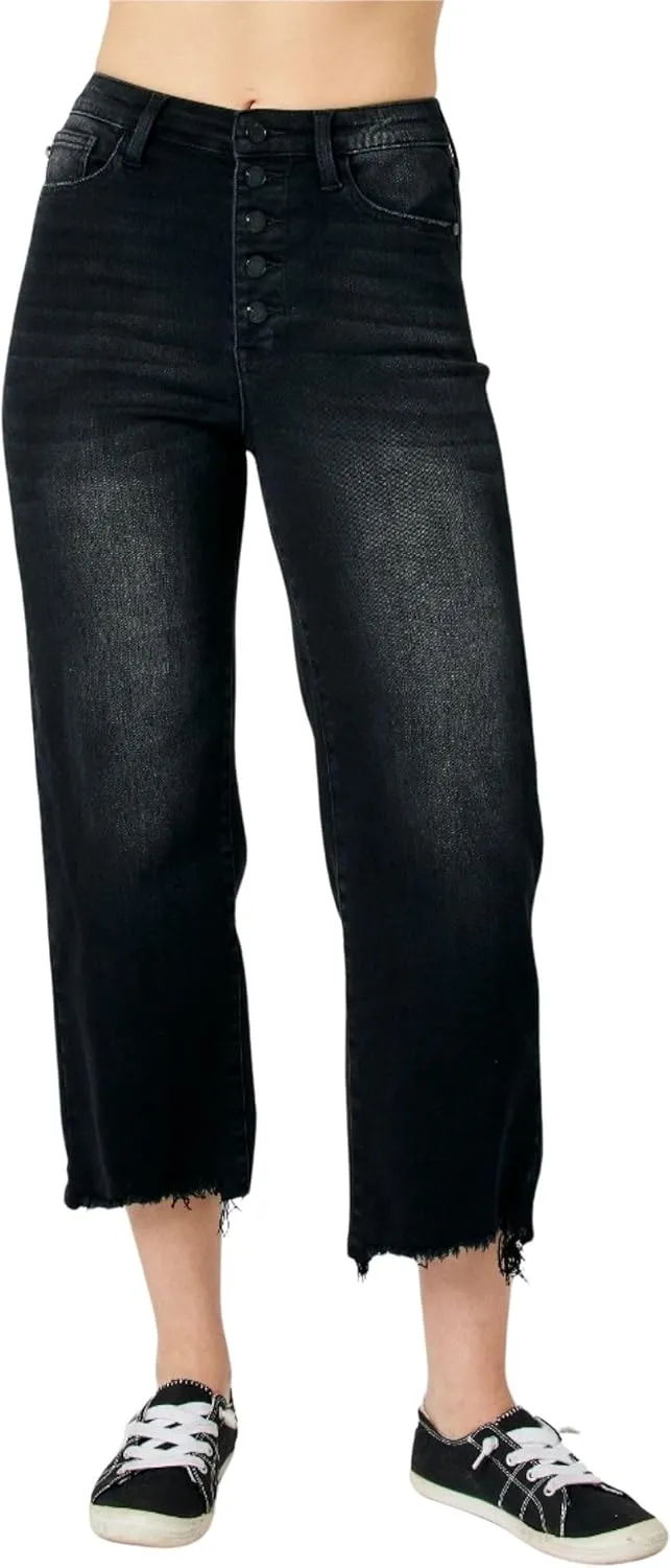 Judy Blue High Waist Distressed Raw Hem Wide Leg Crop Jeans, Black