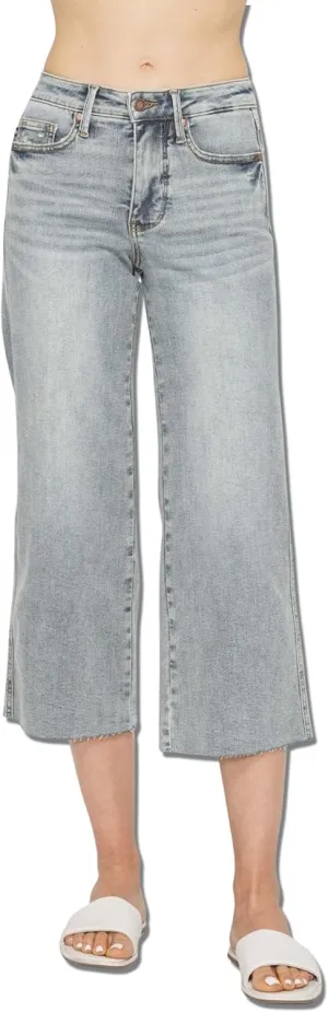 Judy Blue Women's Mid Rise Tummy Control Raw Hem Crop Wide Jeans