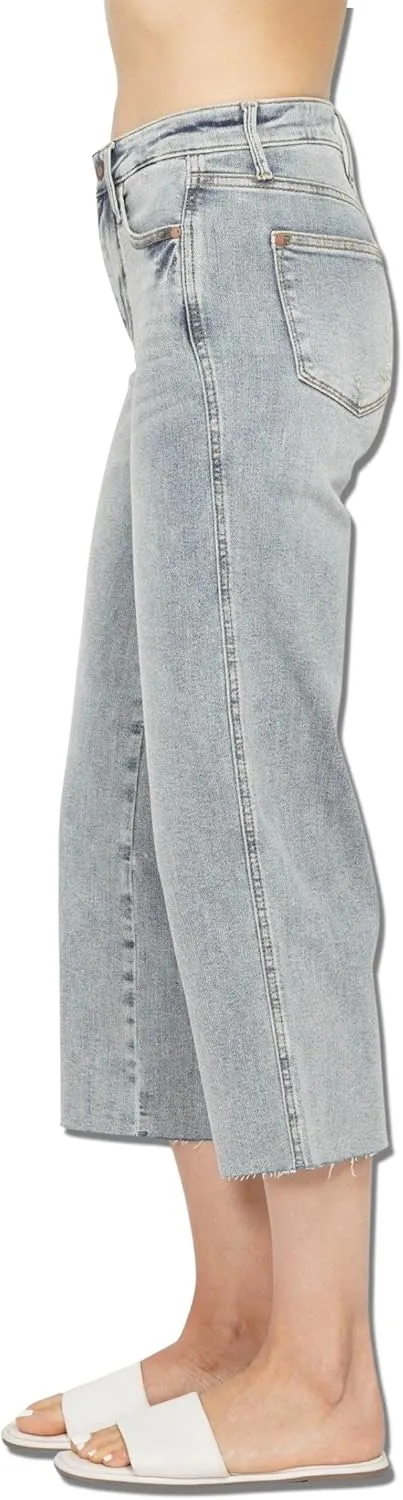 Judy Blue Women's Mid Rise Tummy Control Raw Hem Crop Wide Jeans