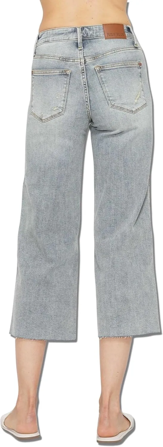 Judy Blue Women's Mid Rise Tummy Control Raw Hem Crop Wide Jeans