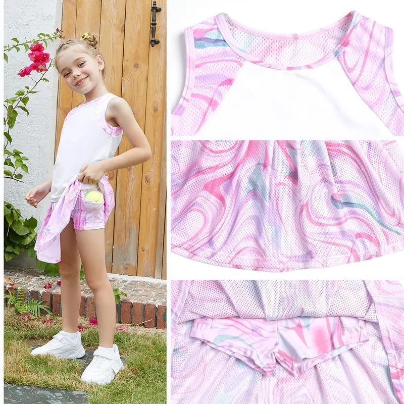 Jxstar Girls Tennis Golf Dress Outfit Tie Dye Tank Top and Skorts Sets Sport Skirt with Shorts
