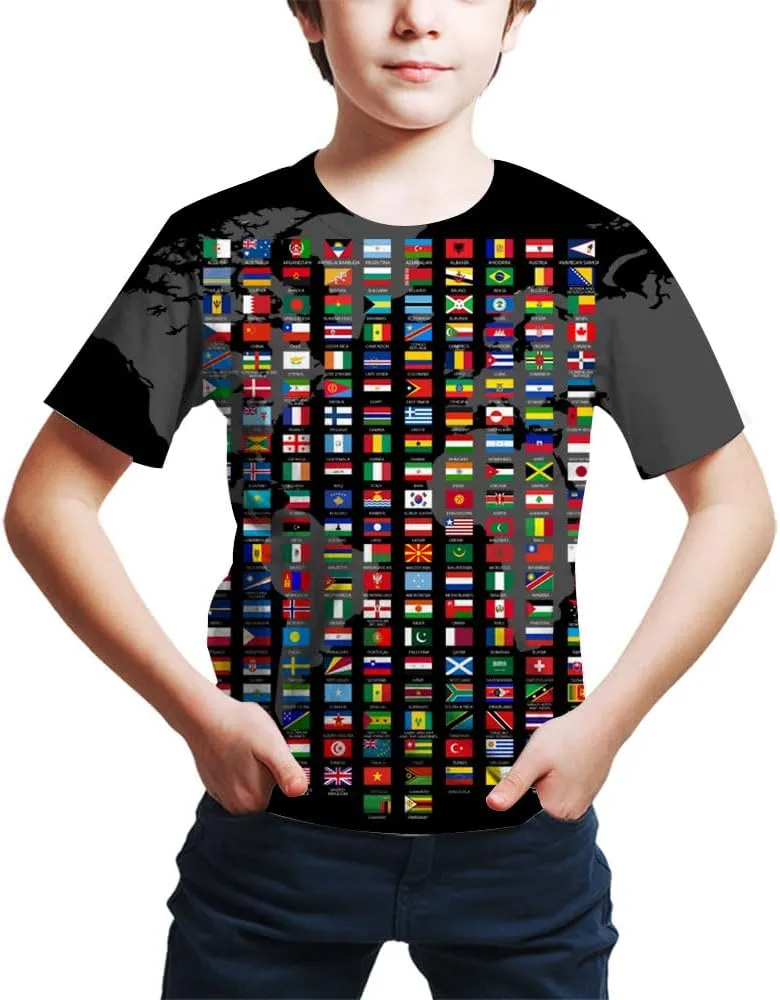 Kids Print 3D Print World Flags of The Countries Funny Graphic Pattern Holiday Tees Shirts for Youth Boys Girls 4-14 Years