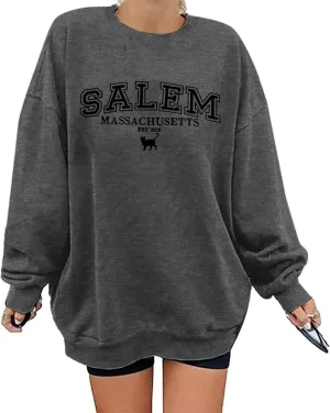 KIMSOONG Halloween Sweatshirts for Women Salem Massachusetts Shirt Fall Oversized Crewneck Sweatshirt Hocus Pocus Pullover
