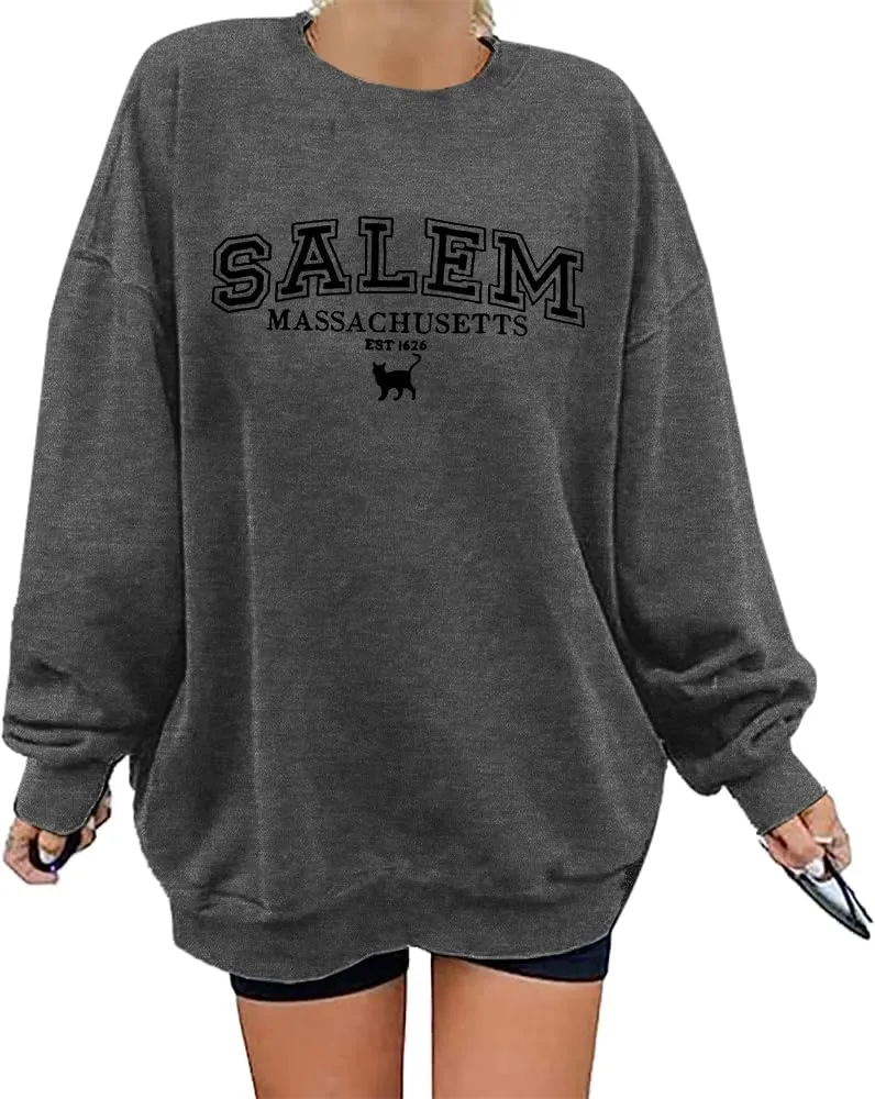 KIMSOONG Halloween Sweatshirts for Women Salem Massachusetts Shirt Fall Oversized Crewneck Sweatshirt Hocus Pocus Pullover