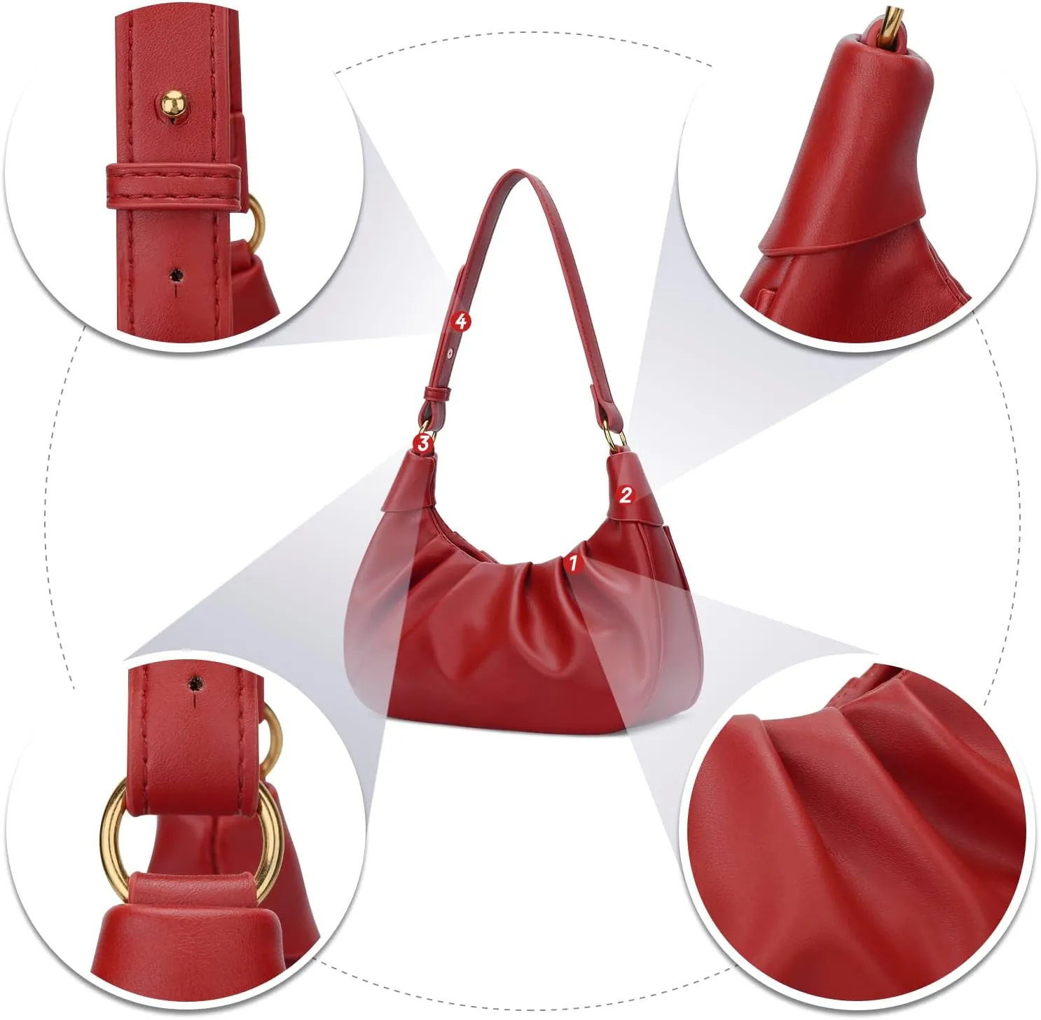 KKXIU Shoulder Bag Crescent Handbag Ruched Purse Underarm Bag Mini Hobo for Women,Detachable Gold Chain Crossbody Bag