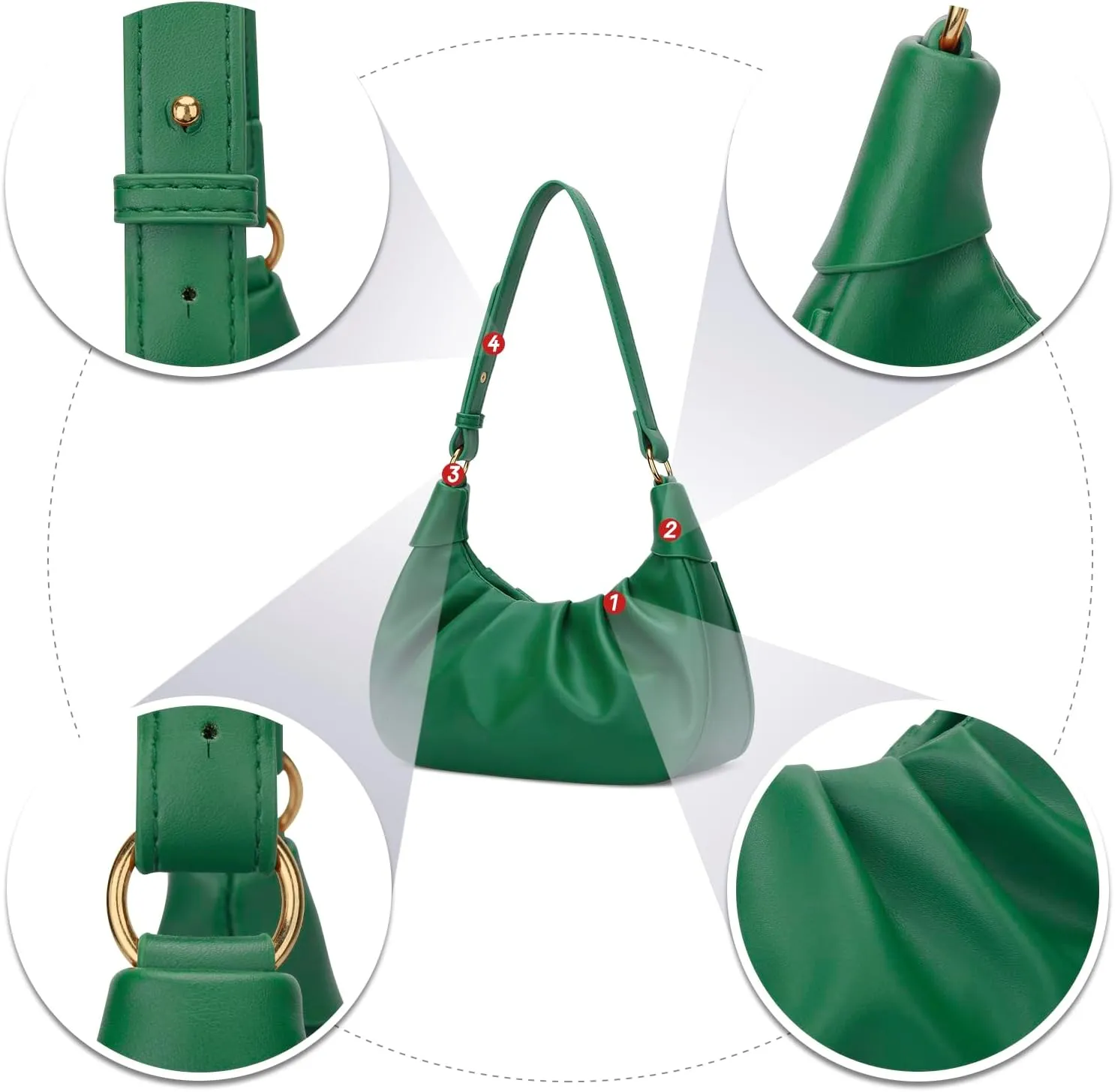 KKXIU Shoulder Bag Crescent Handbag Ruched Purse Underarm Bag Mini Hobo for Women,Detachable Gold Chain Crossbody Bag