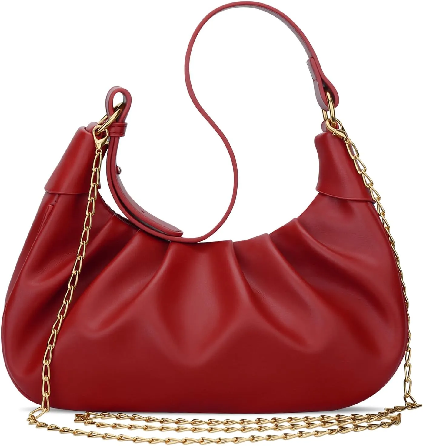 KKXIU Shoulder Bag Crescent Handbag Ruched Purse Underarm Bag Mini Hobo for Women,Detachable Gold Chain Crossbody Bag