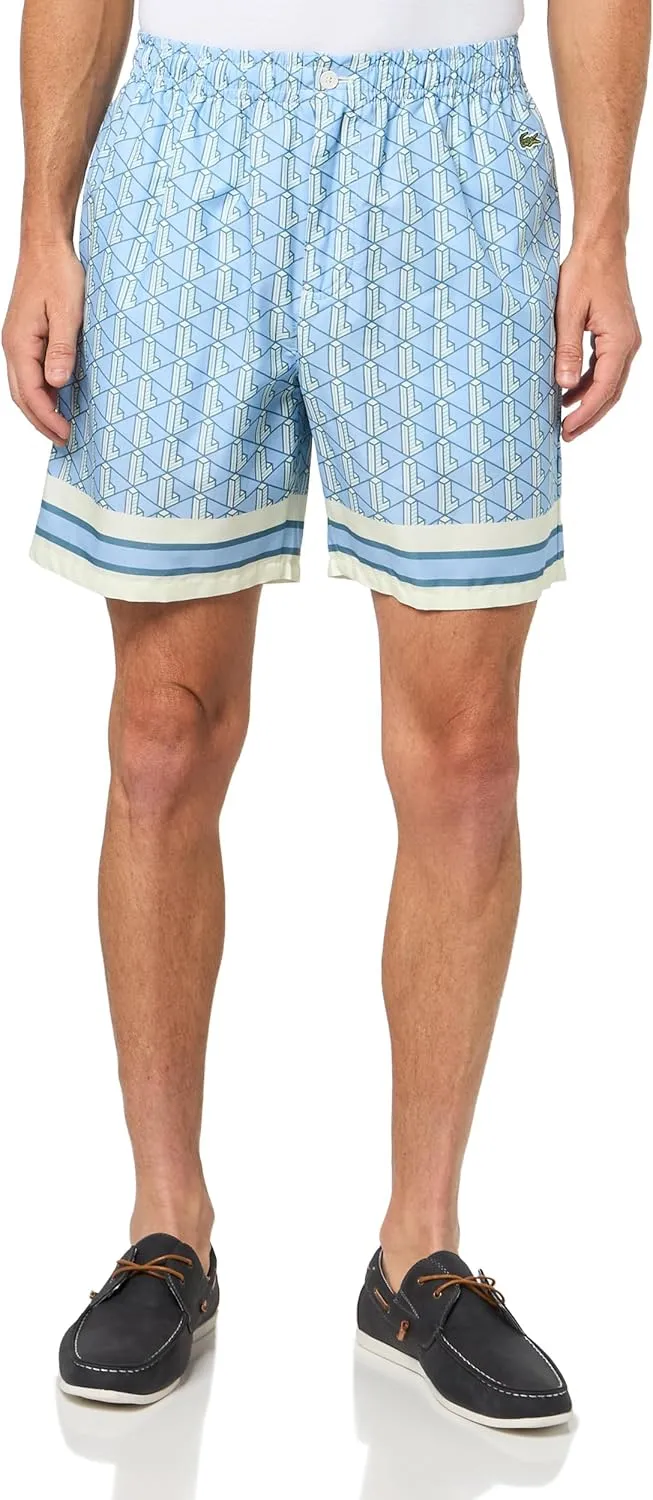 Lacoste Men's Relaxed Fit Monogram Shorts, Blue & White, Medium
