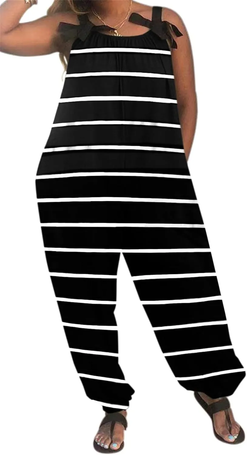 LAMISSCHE Wonens Plus Size Overalls Spaghetti Strap Baggy Romper Harem Wide Leg Jumpsuit With Pockets