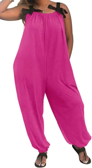 LAMISSCHE Wonens Plus Size Overalls Spaghetti Strap Baggy Romper Harem Wide Leg Jumpsuit With Pockets