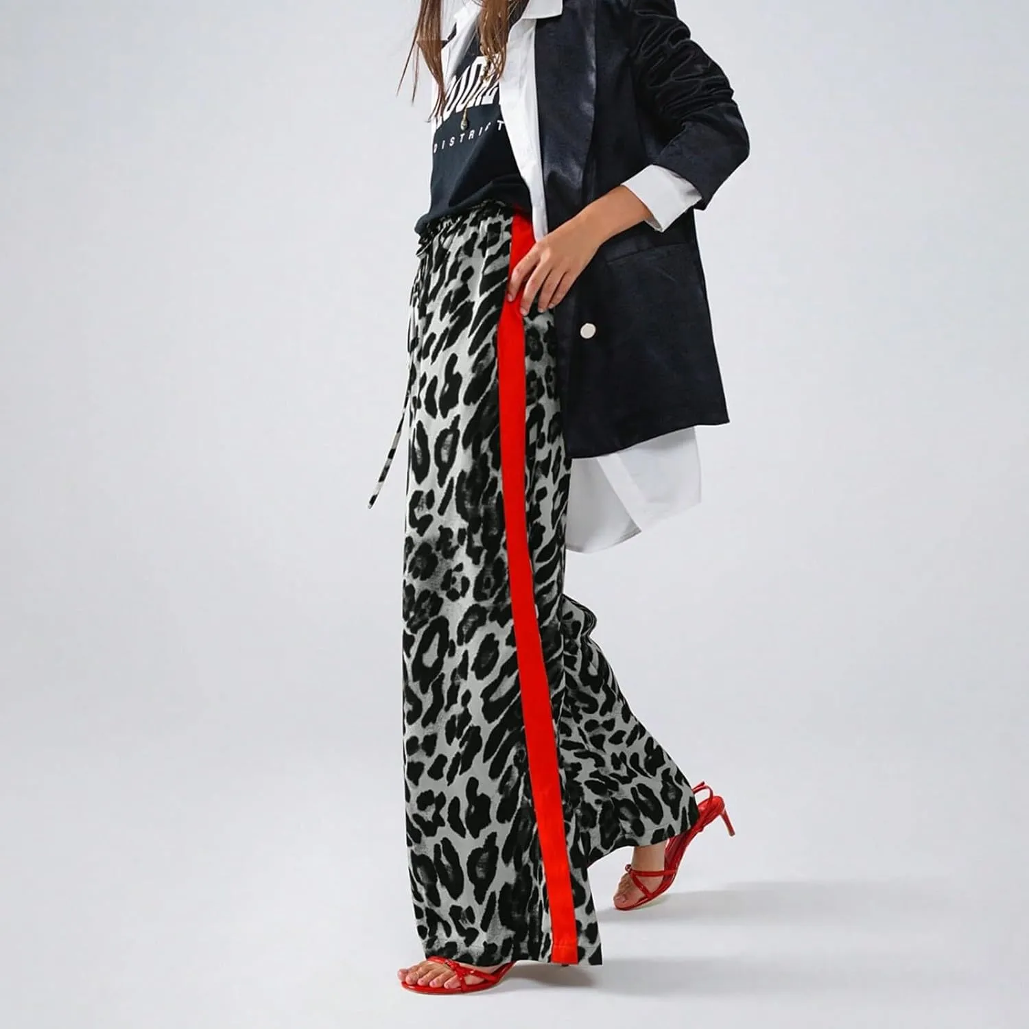 Leopard Print Pants for Women Drawstring High Waisted Color Block Side Striped Straight Leg Wide Leg Loose Pants