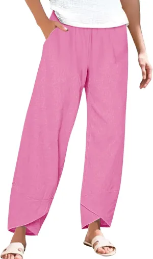 Linen Pants Women's Summer 2025 Casual Capri Pants Cropped High Waisted Comfy Baggy Plus Size Trousers with Pockets