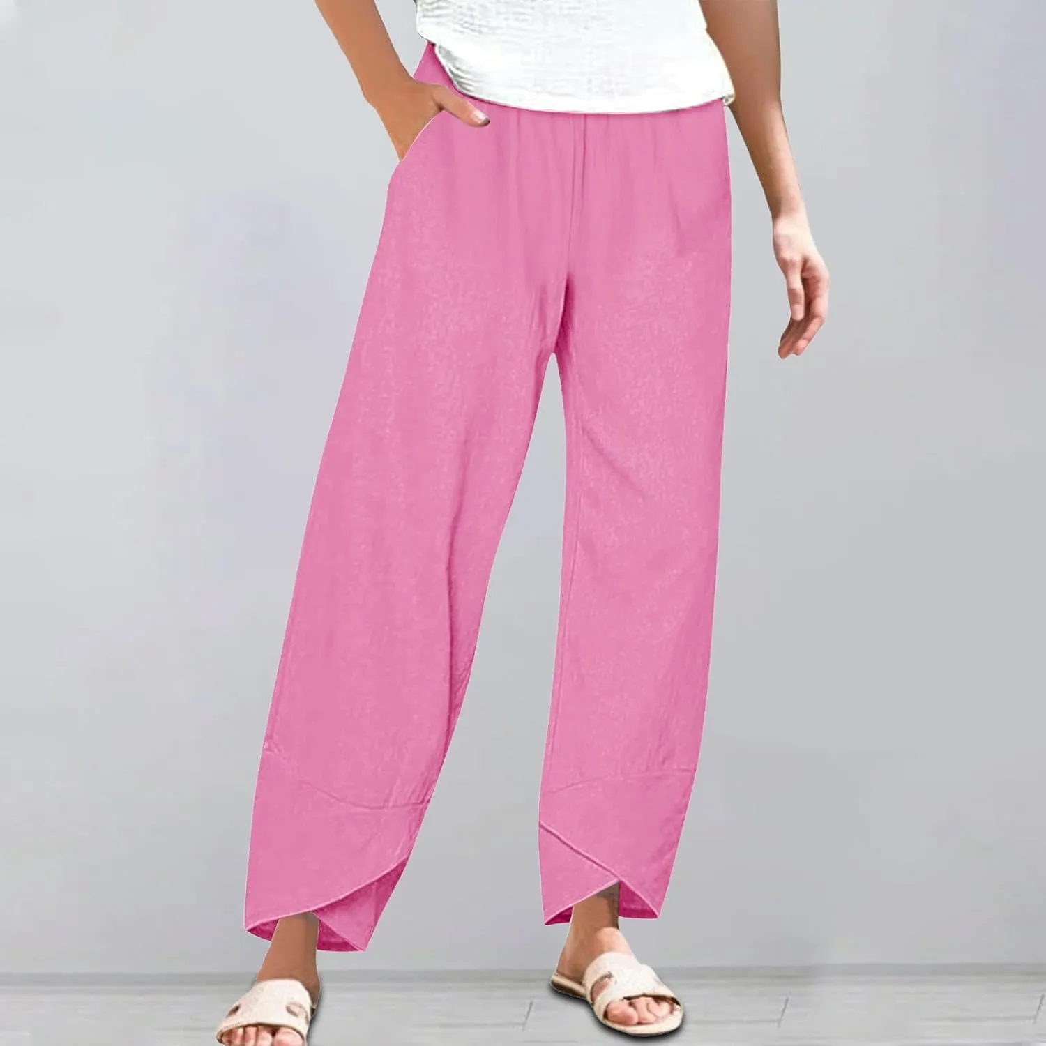 Linen Pants Women's Summer 2025 Casual Capri Pants Cropped High Waisted Comfy Baggy Plus Size Trousers with Pockets