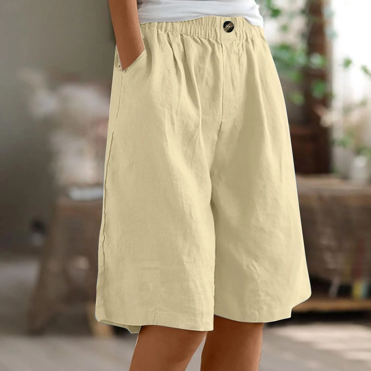 Linen Shorts for Women 2025 Summer Casual Wide Leg Pants Drawstring High Waist Bermuda Pants with Pockets Casual Beach Shorts