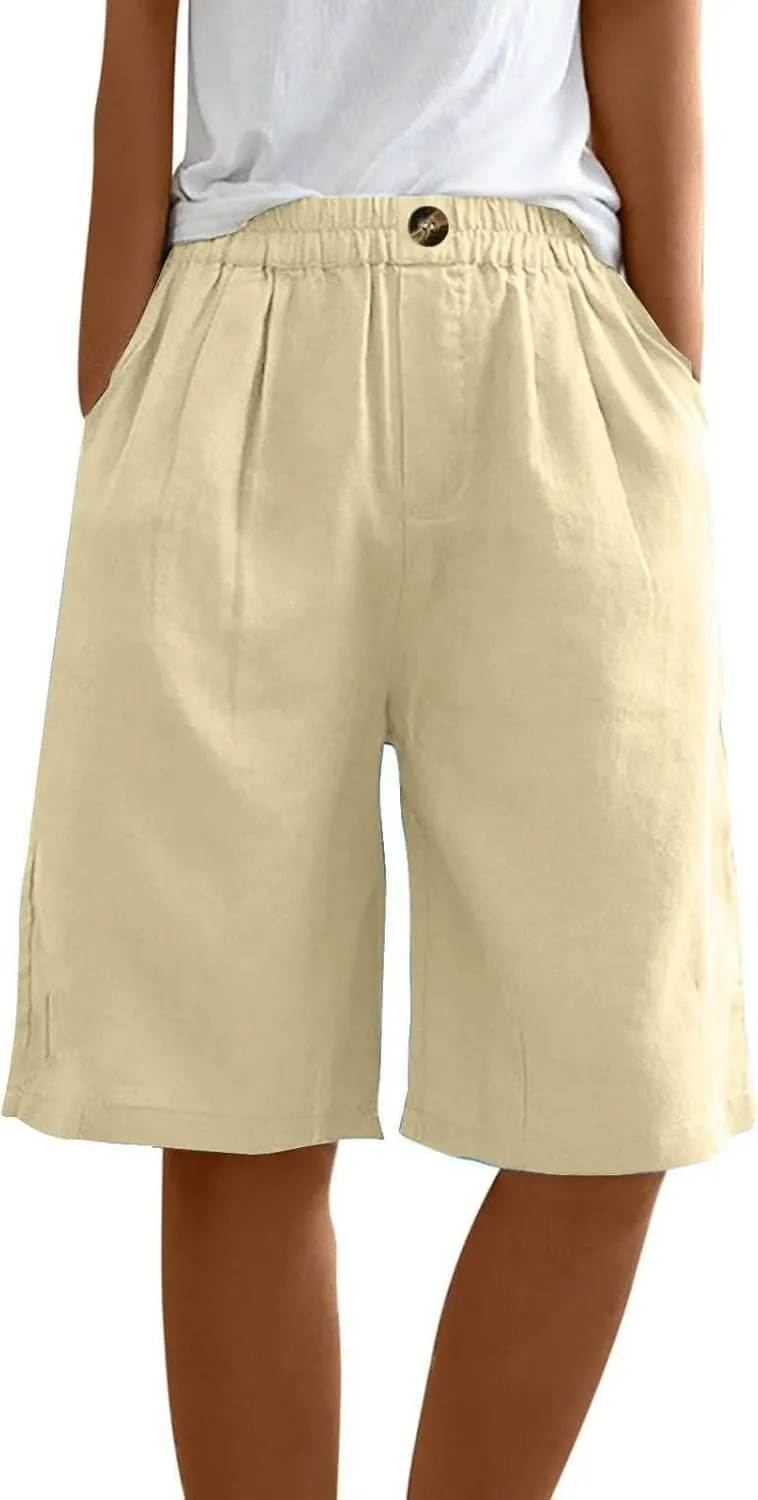 Linen Shorts for Women 2025 Summer Casual Wide Leg Pants Drawstring High Waist Bermuda Pants with Pockets Casual Beach Shorts