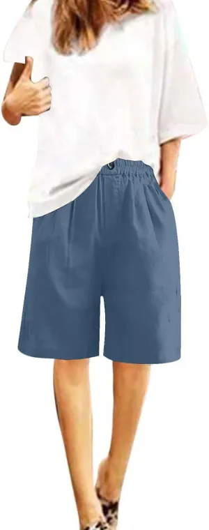 Linen Shorts for Women 2025 Summer Casual Wide Leg Pants Drawstring High Waist Bermuda Pants with Pockets Casual Beach Shorts