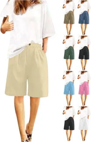 Linen Shorts for Women 2025 Summer Casual Wide Leg Pants Drawstring High Waist Bermuda Pants with Pockets Casual Beach Shorts